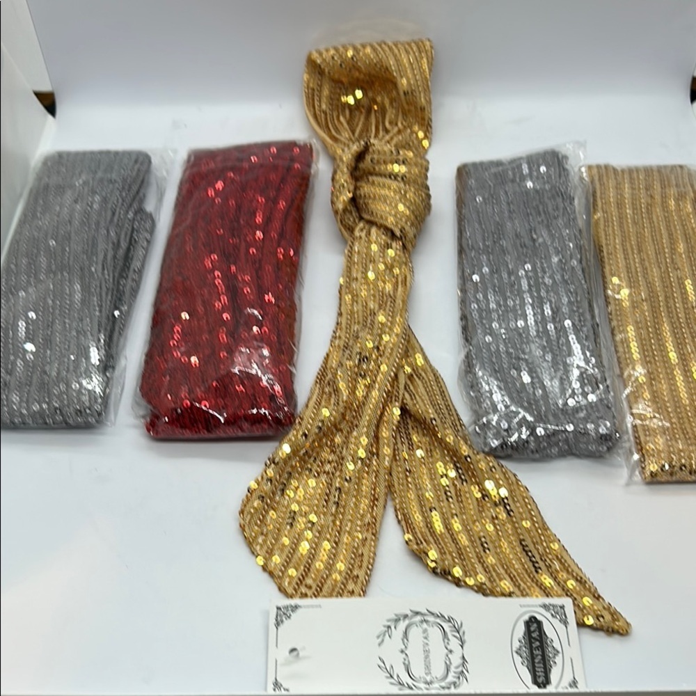 New 5 pieces, HI-party Scarf’s Gold, Silver,Red 
2.5 inch.Wide X 51 inch. Long